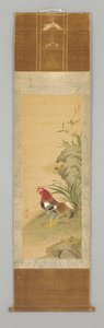 Hahn bei einem Felsen, spätes 18. oder frühes 19. Jahrhundert (Hängende Rolle: Tinte und Farbe auf Seide, Holz) von Japanese School
