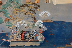 Ruderboot, Illustration für Eiga Monogatari (Geschichte des Glanzes), von Akazome Emon (ca. 956-1041). Japan