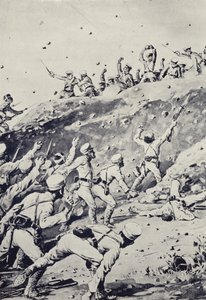 Russische Soldaten werfen Steine von einer Position auf dem To-shan von Japanese School