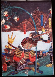 Samurai zeigen die abgeschlagenen Köpfe ihrer Feinde auf Bambusstangen, Sewamono (häusliches Spiel)