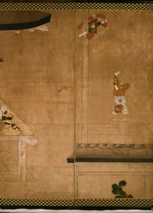 Sechsteilige Leinwand, die Akrobaten zeigt, die vor einem reichen Haushalt auftreten
