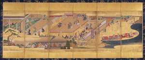 Sechsteiliges Paravent mit dem Noh-Spiel Funa-Benkei, ca. 1660