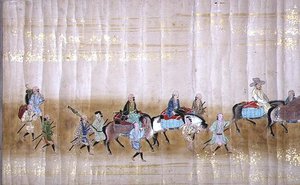 Sechste koreanische Gesandtschaft nach Japan in Meireki 1 zur Zeit der Nachfolge von Tokugawa Ietsuna im Jahr 1651, möglicherweise von Kano Masunobu (1625-94) (Rollbild) (Detail)