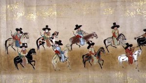 Sechste koreanische Gesandtschaft nach Japan in Meireki 1 zur Zeit der Nachfolge von Tokugawa Ietsuna im Jahr 1651, möglicherweise von Kano Masunobu (1625-94) (Rollbild)
