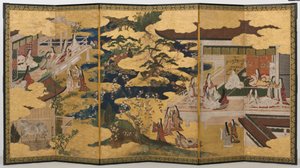 Frühling im Palast, sechsteilige Leinwand aus der Geschichte von Genji, ca. 1650