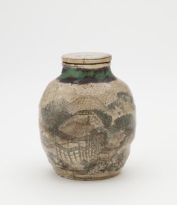 Teeblattkrug für Sencha, mit passendem Deckel, Kyoto-verwandte Ware, Teeblattkrug (Sencha Tsubo) von Japanese School