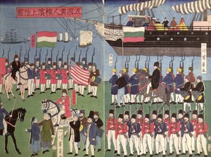 Die Ankunft des Geschwaders von Commodore Perry in einem japanischen Hafen im Jahr 1853 (Farbholzschnitt)