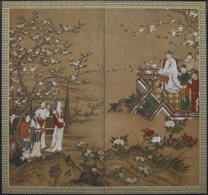 Der chinesische Kaiser Ming Huang und seine Konkubine Yang Kuei-fei spielen und singen, um die Blumen zum Blühen zu bringen, Edo-Periode von Japanese School