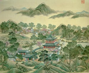 Detail eines Pavillons eines japanischen Drucks aus dem 19. Jahrhundert von Japanese School