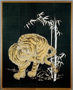 Tiger und Bambus, Motiv auf zweiflügeligem Baumwollschirm (byobu), Reisstärke und Indigo-Tauchbad mit Pigmenten, japanische Zivilisation, Meiji-Taisho-Periode