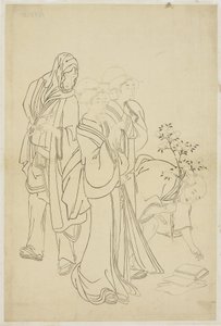 Zwei Geishas spazieren mit einem Dandy und Lehrling