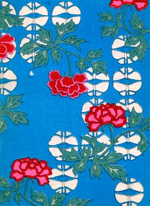 Weiße Laternen und Pfingstrosen auf blauem Hintergrund von Japanese School