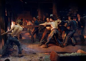 Arbeiter in einer Metallhütte, Gemälde von Jean Rixens von Jean Andre Rixens