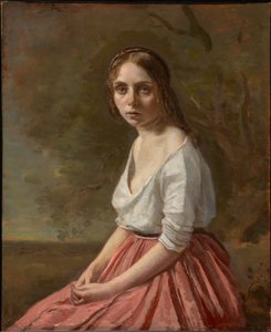 Junge Frau in einem rosa Rock von Jean-Baptiste-Camille Corot