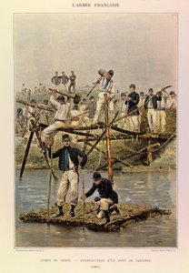 Typen und Uniformen der französischen Armee von Hauptmann Jules Richard, illustriert von Edouard Detaille: Pionierkorps; Bau einer Faschinenbrücke 1887, Private Sammlung