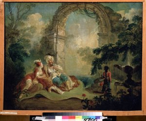 Orientalismus: Türkischer Pascha und Odaliske auf einem Teppich liegend, sie werden von einem schwarzen Diener bedient. Gemälde von Jean Baptiste Hilaire (1753-ca. 1822) Puschkin-Museum, Moskau
