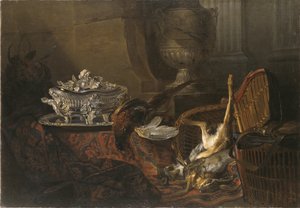 Stillleben mit Wildbret und einer silbernen Terrine auf einem türkischen Teppich von Jean-Baptiste Oudry