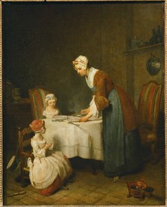 Das Tischgebet. Eine Mutter wartet darauf, dass ihre kleine Tochter ...