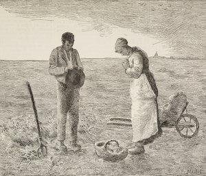 Angelus, Bauernpaar auf Feldern, Gravur nach einem Gemälde von Jean-Francois Millet, aus L