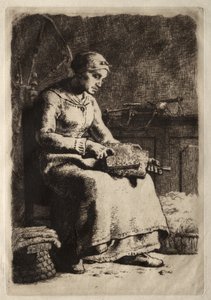 Frau beim Karden von Wolle