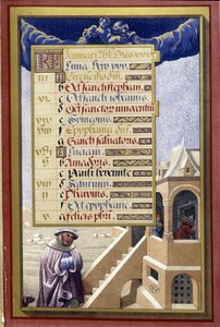 Januar: Haus im Winter (Wassermann) - Faksimile der Stunden von Anne von Bretagne, von Jean Bourdichon