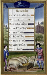 November und Zeichen des Schützen: Schweinezucht - Faksimile der Stunden der Anne de Bretagne, von Jean Bourdichon