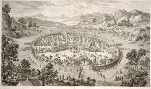 Tchao-Hoei beschäftigt seine Truppen mit Übungen und Militärspielen im Jahr 1758, Tafel 5 aus einer Serie von Drucken, die die Eroberungen von Qianlong, dem Kaiser von China, darstellen, graviert von Pierre Philippe Choffard 1772 von Jean (d.1781) (after) Damascene