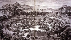 Tchao-Hoei in seinem Lager unterhalb der Mauern von Yerechim empfängt die Huldigung der Einwohner der Stadt und Provinz im Juli 1759, Tafel 4 aus der Serie von Drucken, die die Eroberungen von Qianlong, dem Kaiser von China, darstellen, gestochen von Pierr von Jean (d.1781) (after) Damascene