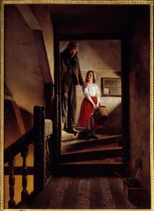 Der Altersstab Ein kleines Mädchen hilft einem alten Mann, eine Treppe hinunterzugehen. Gemälde von Jean Alphonse Roehn 1852 Rouen, Museum der Schönen Künste von Jean Alphonse Roehn