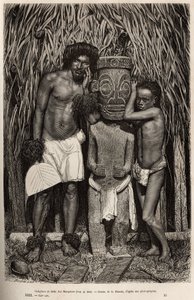 Ein Bewohner der Insel Hiva-Oa und sein Sohn, umgeben von einem geschnitzten Holzidol, das den Gott Tiki darstellt, im Archipel der Marquesas-Inseln, graviert nach einer Zeichnung von A. Rixens zur Illustration der Erinnerungen an den Pazifik, 1872-1874, v