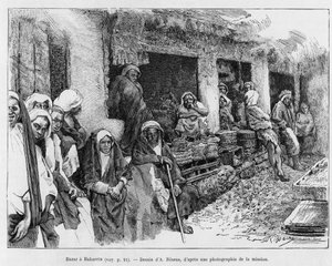 Basar in Bahrain, Tschad. Gravur von A. Rixens zur Illustration der Geschichte „A Suse, journal des excavilles“. von Jean Andre Rixens