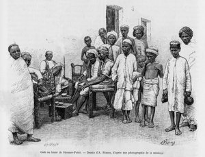 Café am Steamer Point Bazaar, Aden, Jemen. Gravur von A. Rixens zur Illustration der Geschichte „A Suse, journal des excavilles“. von Jean Andre Rixens