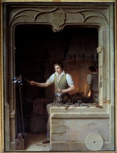 Ein Schlosser versucht, seine Feile einem Eichelhäher zu beißen. Illustration für Jean de La Fontaines Fabeln von Jean Antoine Laurent