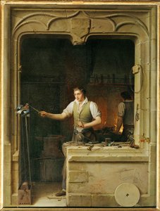 Ein Schlosser versucht, einen Eichelhäher seine Ratsche beißen zu lassen von Jean Antoine Laurent