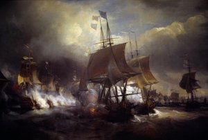 Amerikanischer Unabhängigkeitskrieg: „Seeschlacht von Ouessant zwischen dem 23. und 27.07.1778“. Sie stellte die französische Flotte gegen die englische. Detail. Gemälde von Theodore Gudin (1802-1880) 19. Jahrhundert Paris, Marinemuseum von Jean Antoine Theodore Gudin
