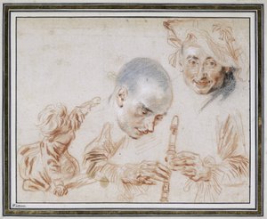 Kauerndes Kind, zwei männliche Köpfe, einer mit Barett, Arme und Hände eines Flötenspielers von Jean Antoine Watteau