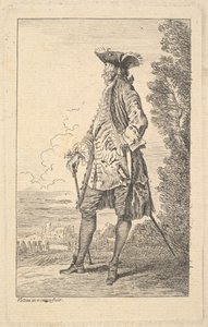 Mann, der einen Stock in der rechten Hand trägt, ca. 1710