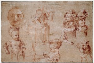 Pierrots Maske, fünf Mädchen im Brustbild, ein Mann im Umhang und ein Frauenkopf von Jean Antoine Watteau