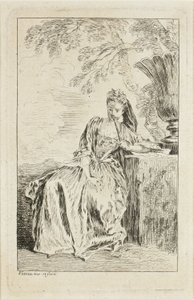 Sitzende Frau, die sich auf ein Podest lehnt von Jean Antoine Watteau