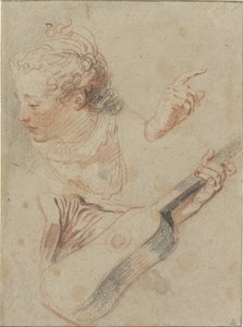 Studienblatt mit einem nach unten blickenden Mädchenkopf, einer Gitarre und den Händen, die sie spielen von Jean Antoine Watteau