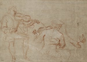 Studie von zwei Geigern und einem Paar Hände, die einen Arm halten von Jean Antoine Watteau