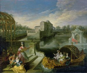 Der Frühling: Fete Champetre in einem Wassergarten mit Figuren in einem Boot von Jean Antoine Watteau