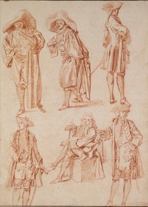 Zwei Studien des Arztes in der italienischen Komödie und vier Offiziere, 18. Jahrhundert von Jean Antoine Watteau