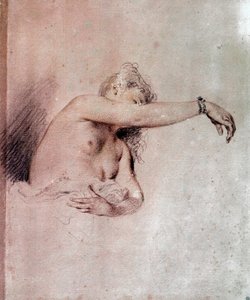 Nackte Frau, Arm erhoben (Zeichnung mit Rötel) von Jean Antoine Watteau