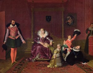 Heinrich IV. (1553-1610) König von Frankreich und Navarra spielt mit seinen Kindern, während der spanische Botschafter eintritt, 1817