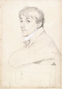 Jean-Louis Provost, sitzend und seinen linken Arm auf die Rückenlehne eines Stuhls stützend, 1813