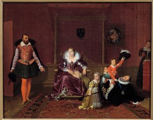 König von Frankreich Heinrich IV. (1553-1610) spielt mit seinen Kindern vor dem spanischen Botschafter. In der Mitte Königin Maria von Medici, die Kinder sind Ludwig XIII., Elisabeth von Frankreich, Christine von Frankreich und Nicolas. Gemälde von Jean Au