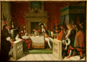 Ludwig XIV. und Molière: König Ludwig XIV. (1638-1715) und Jean Baptiste Poquelin genannt Molière (1622-1673) am Tisch vor den Höflingen