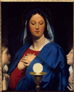 Die Jungfrau hat die Hostie. Symbole der Kommunion: Objekt der Eucharistie (die Hostie als Leib Christi und der Wein des Kelches als sein Blut). Gemälde von Jean Auguste Dominique Ingres (1780-1867) von Jean Auguste Dominique Ingres