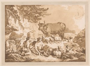 Ruhende Satyrn zwischen Schafen und einer Kuh in einer Landschaft von Jean Baptist Leprince